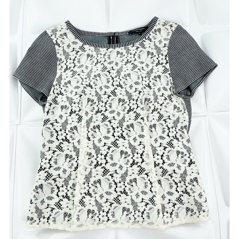 Nanette Lepore Sz 4 Womens Lace Crochet Overlay Blouse Knit Top s Ivory Black
